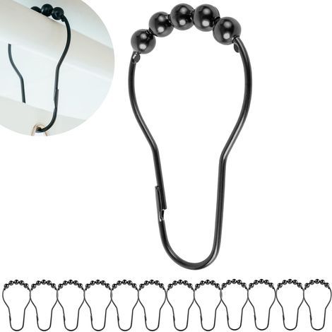 12 Duschvorhangringe – Duschhaken – Robustes Metall – Für Stangen mit 2 bis 4 cm Durchmesser – Schwarz – 7 x 3,9 cm (1/5)