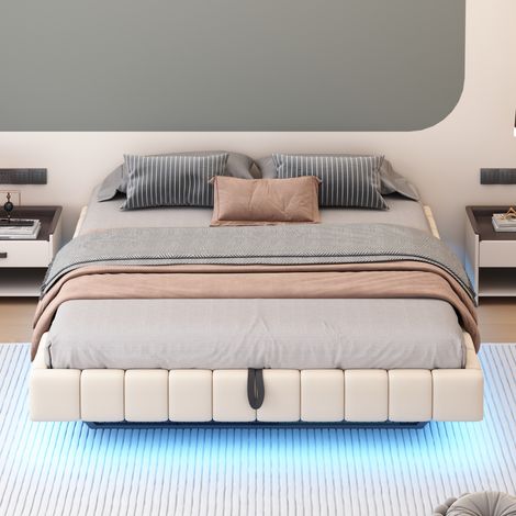 Lit coffre capitonné 180x200cm - led rangement pression d'air sans tête de lit - tissumétalmdf - beige (1/5)