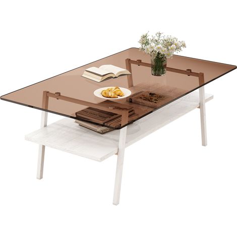 Table basse rectangulaire en verre trempé avec pieds en métal blanc, structure MDF, salon moderne et style contemporain, 98 x 58 x 42,5 cm, pour séjour - CHICFURN (1/5)