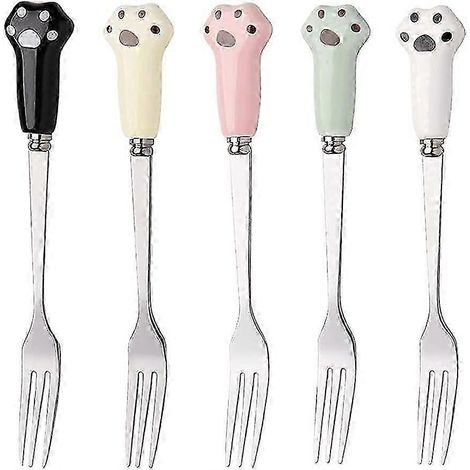 Ensemble de 6 fourchettes à fruits en acier inoxydable avec manche en céramique, originales et mignonnes, en forme de griffe de chat, pour desserts et gâteaux.