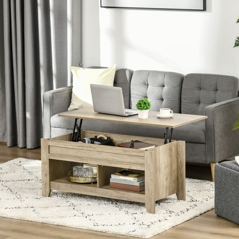 Table basse relevable en chêne clair, meuble de salon avec rangements et étagères, dimensions 105 x 50 x 49-62,5 cm, idéale séjour et chambre, plateau escamotable avec espace dissimulé (1/5)