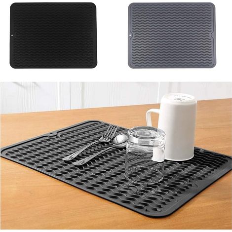 Tapis d'égouttage en silicone résistant à la chaleur, 40 x 30 cm, antidérapant, pour la vaisselle, dessous de plat et dessous de plat. (1/5)