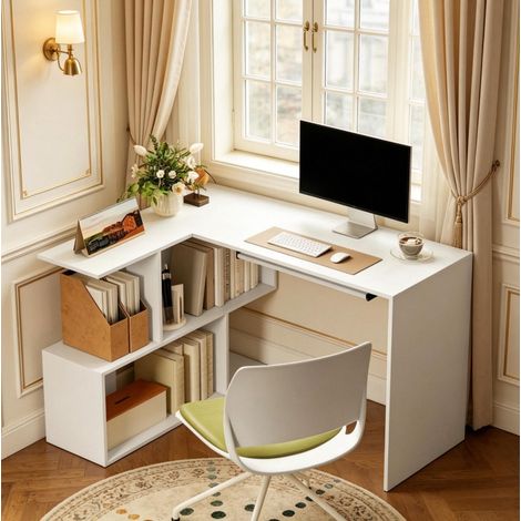 Bureau d'angle L 120x100x76 cm en panneaux de bois blanc, gain de place pour bureau FloraGrace (1/5)