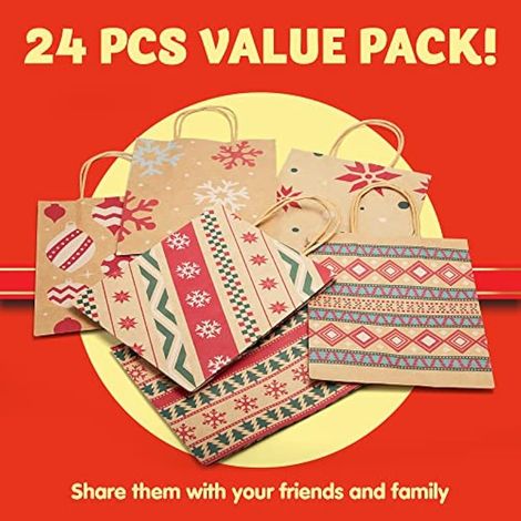 Lot de 24 sacs cadeaux de Noël avec différents motifs, sacs cadeaux en papier kraft pour Noël, emballage cadeau