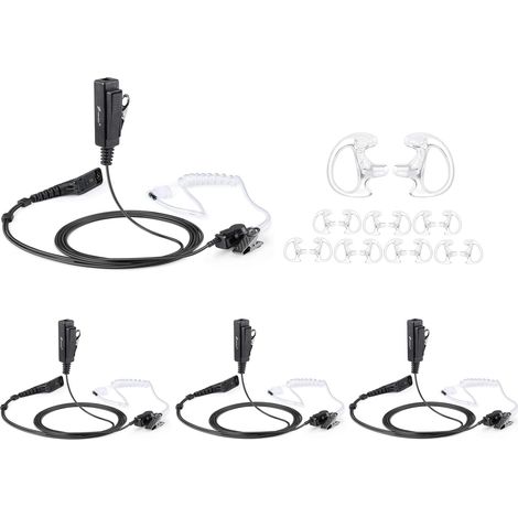 Set of 4 acoustic tube surveillance headsets with push-to-talk microphone, earpiece for Motorola, two-way multipin