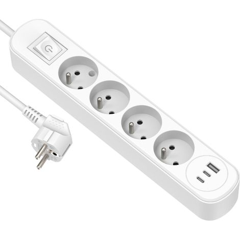 Bloc Multiprise 4 Prises 16A + 3 USB (1 USB A + 2 USB C PD20W) avec Interrupteur, Câble 1.5M, Blanc (1/5)