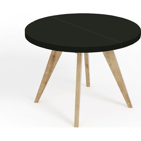 Table de salle à manger ronde extensible LORA, style loft, scandinave, diamètre : 100 / 200 cm, couleur : noir / naturel (1/4)