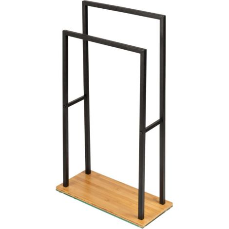 Wenko – Porte-serviettes de bain sur pied 2 branches – Base en bambou – Acier verni noir – Dimensions 46x20x80 cm – Charge stable pour serviettes et vêtements (1/5)