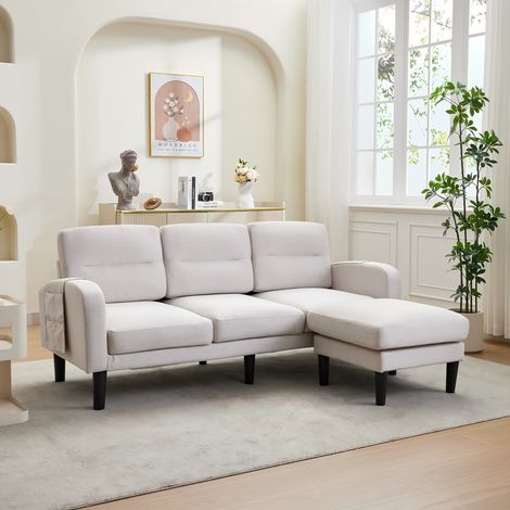Tkopy-Canapé L, 204 x 136 x 80 cm,très solide, avec chaise longue ,modèle d'angle, équipé de poches de rangement des deux côtés, idéal pour le salon, design moderne, beige (1/5)