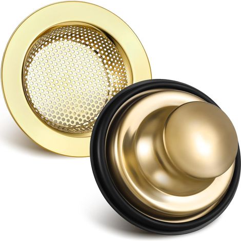 Ensemble de 2 bouchons de bonde pour évier de cuisine en acier inoxydable avec couvercle et large rebord de 4,5 pouces de diamètre, compatible avec les bondes standard de 3 1/2 pouces (doré).