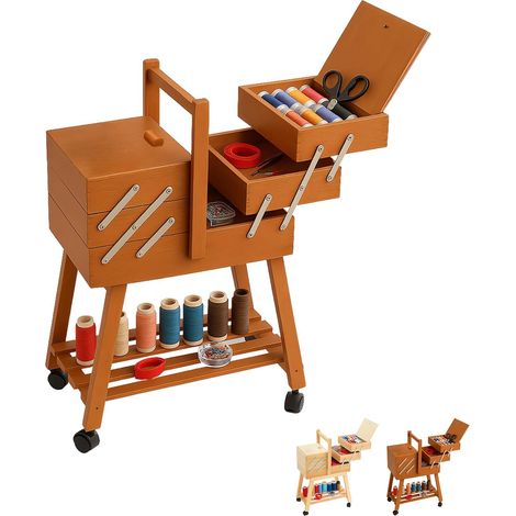 Carrello portacucito in legno con ruote e ripiano portaoggetti - Misura 34x23x57 cm – Cesto a 3 livelli con apertura a scaletta, 5 scomparti interni, (1/5)