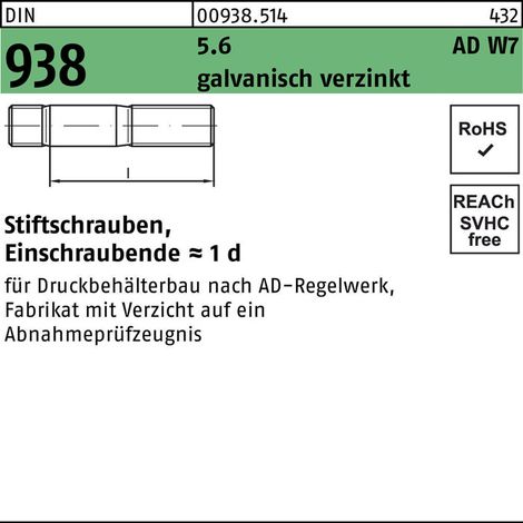 DIN 938 Stiftschraube nach AD W7 für Druckbehälterbau M12x65 Stahl 5.6 galvanisch verzinkt 50 Stk (1/2)
