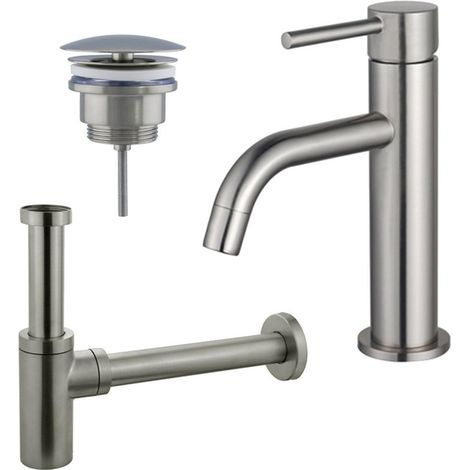 FugaFlow Eccelente Sobrado Slim Slim Kit mitigeur lavabo - robinet bas - bonde nonobturable - siphon design - PVD Inox brossé (1/4)