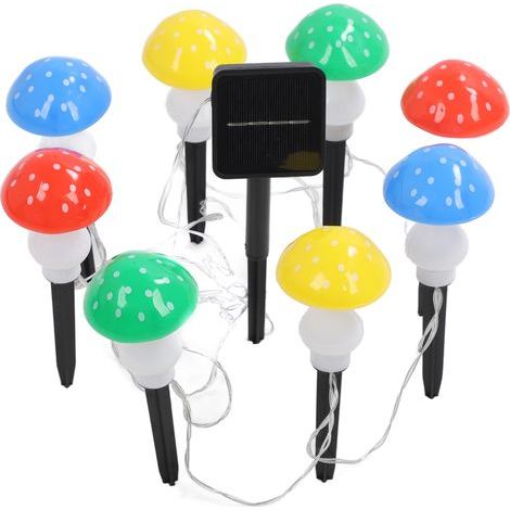 Mini solar mushroom string lights with 8 colorful, waterproof LEDs for outdoor decoration of gardens, yards, or lawns. (1/5)