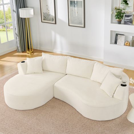 3-Sitzer Kompressionssofa,Linke Chaiselongue + 2-Sitzer , Bogenförmiges Design, weicher Kordstoff, mit Getränkehalter und Kissen, vakuumverpackt, für Wohnzimmer, Hotel, Apartment und Büro,Beige