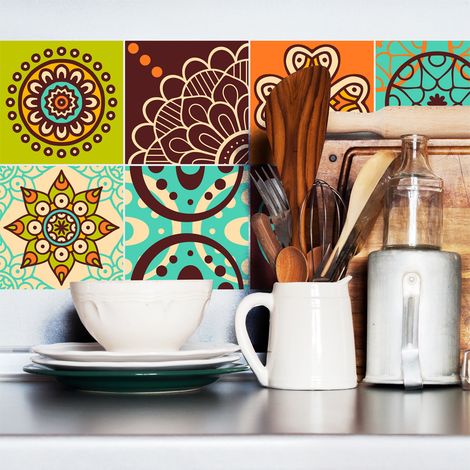 Sticker Mural Carrelage adhésif Cuisine Salle de Bain - 15 STICKERS CARREAUX DE CIMENT ROSARIO - 15stickers10x10cm (1/4)