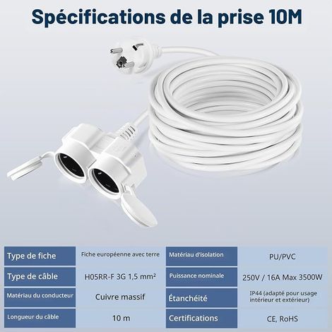 Power Extension Cable with Two Plugs and Dust Covers Waterproof Outdoor Socket Extension Cord with Indoor/Outdoor Plug, Maximum Power 3500W, 16A 250V, 100m White (1/4)