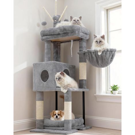 Arbre à Chat 115 cm pour Chats d’Intérieur, Tour avec Grande Plateforme, Niche Cachée, Hamac, Lit Douillet, Poteaux à Griffer, 3 Pompons, Meuble pour Chat, Gris Clair HCT202SW (1/5)
