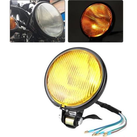 Phare de style rétro vintage moto universelle phare accessoire de modification de un travail exquis(coque noire. verre jaune) (1/4)