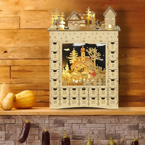 Calendario de Adviento LED con forma de pueblo nevado, 24 cajones, decoración navideña iluminada, color beige.