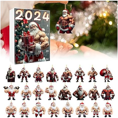 Calendrier de l'Avent Noël 2024, suspension décorative avec 24 ornements de sapin, pendentifs incluant singe, personne âgée, poulet, vache, chien, idéal pour déco festive de Noël. (1/5)
