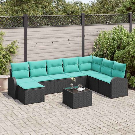 Salon de jardin modulable 9 pièces en polyrotin noir et turquoise avec rangement - PANGIVO (1/5)