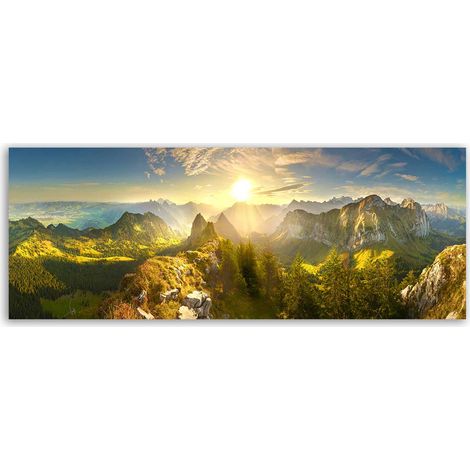 Tableau panoramique lever de soleil sur chaîne montagneuse (1/5)
