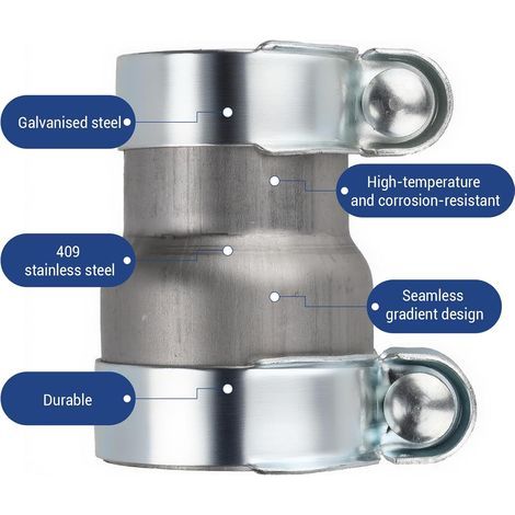Manchon Reducteur Echappement 60 mm à 65 mm Collier Echappement pour 120 mm Réducteur Bande Tuyau D'échappement Acier Inoxydable Collier de Serrage Double D'échappement Manchon Raccord (1/4)