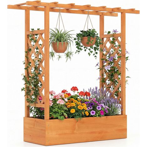 Bac de Jardin Surélevé en Bois 114cm Haut avec Trellis Latéral et Toit Suspension, Bac à Planter Orange pour Plantes Grimpantes, Fleurs et Légumes (1/5)