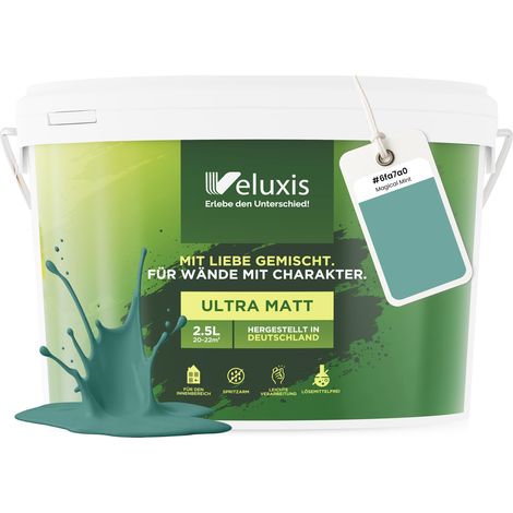 Wandfarbe Grün Türkis Petrol Matt Innenfarbe – Deckkraft Klasse 1, VOC-frei, Ohne Grundierung, Tropfarm – Wohnzimmer & Schlafzimmer – 2,5L – Veluxis (Magical Mint)