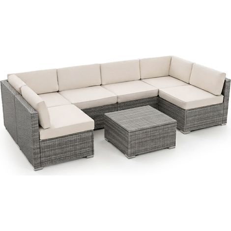 Conjunto de Sofas de Exterior en Ratan PE, 7 piezas Tendy. Muebles de Jardin y Terraza, 277cm, Ratan Gris (1/5)