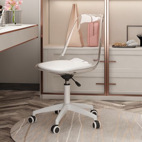 Chaise pivotante transparente, hauteur réglable, roulettes silencieuses, assise PU, métal blanc (1/5)