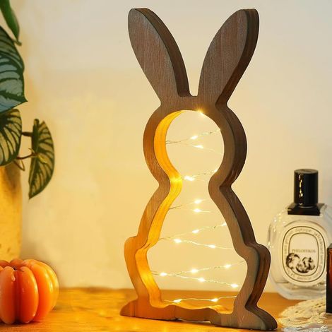 1 Lapin en Bois, Guirlande LED, Décoration Pâques, Bois Naturel, Intérieur, Table Salon
