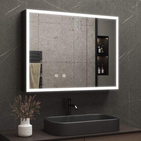 Spiegelschrank Bad mit Beleuchtung 80x60 cm LED Spiegelschrank Schwarz mit Beleuchtung Badezimmerschrank mit Spiegel Hängeschränke Medizin Kabinett mit 3 Einstellbare Lichtfarben, Beschlagfrei (1/5)