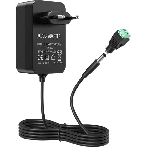 Alimentation 12V 5A Adaptateur, Universel AC/DC Transformateur Chargeur 60W, pour Bande LED,Caméras CCTV, Disque Dur Externe,Routeur,TVs Etc Transformateurs d'alimentation (1/5)