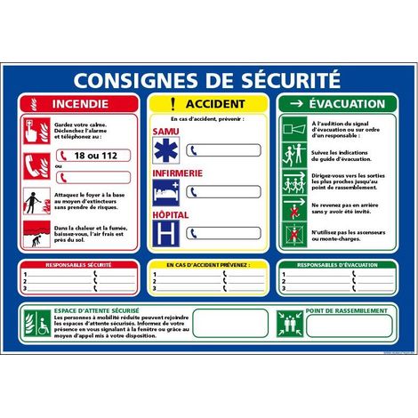 CONSIGNES SÉCURITÉ INCENDIE / ACCIDENT (A673) - Plastique PVC 1,5 mm - 300 x 420 mm
