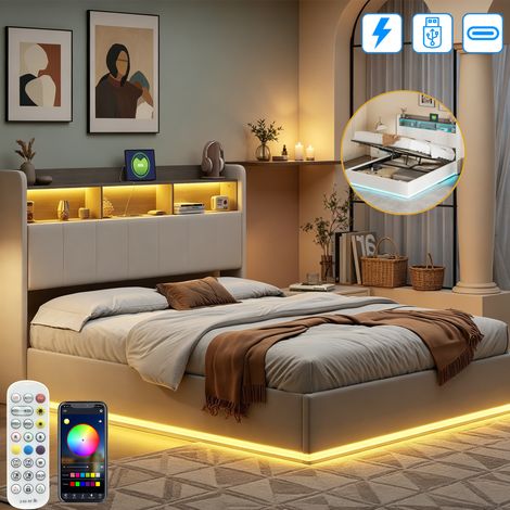Lit coffre 140 x 200 cm, lit rembourré avec éclairage LED et fonction de charge USB Type-C, lit double avec hydraulique et sommier à lattes, tête de lit avec espace de rangement, cadre de lit, velours (1/5)