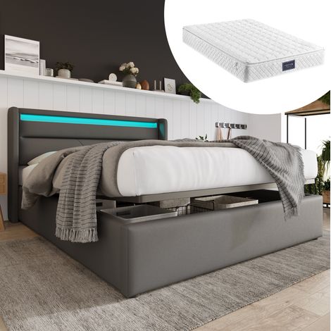 Cama canapé tapizada moderna 140x200 cm en PU gris con cabecero LED y somier de láminas elevable hidráulico (1/5)