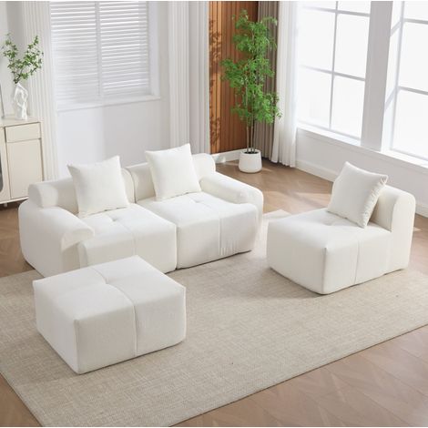 Modulares 3-Sitzer-Ecksofa mit Hocker, Stoff, Elfenbein, 268 x 174 x 81 cm HAVRYA (1/5)