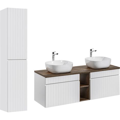 Ensemble meubles double vasques à poser avec colonne + 2 éléments - 140 cm - Emblematic White - Livraison gratuite