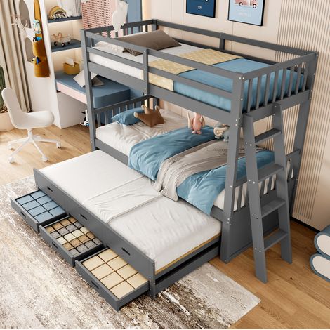 Etagenbett 90x200 cm grau aus Kiefer und MDF mit Ausziehbett, 3 Schubladen und Leiter (1/5)