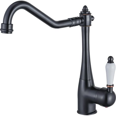 Robinet Cuisine - Laiton Massif - Bec Haut Pivotant 360° - Pour Évier Simple ou Double - Style Rétro Rural - 1 Pièce (1/5)