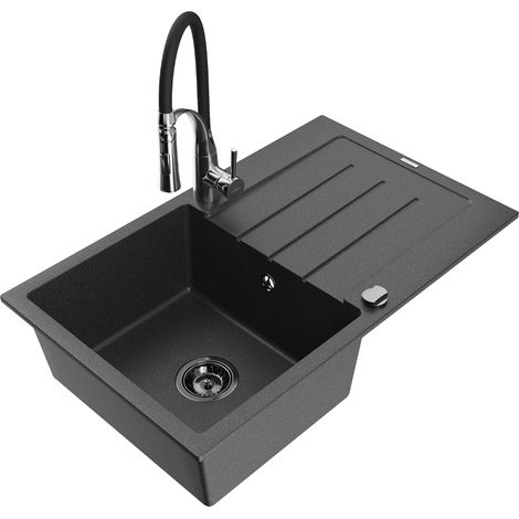 Mexen Bruno évier en granit 1 bac avec égouttoir et robinet de cuisine Aster, noir moucheté - 6513-76-73450-07-B (1/5)