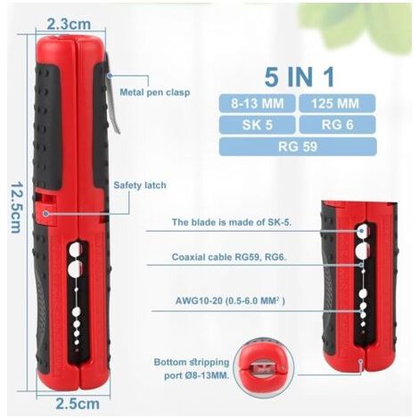 NALOOKAMIC Outil à Dénuder, Outil Universel à Dégainer, 125 mm Dénudeur câble coaxial, Câble basse tension universel Ø8-13mm, SK5 / RG6 / RG59 Denudeuse Cable Electrique