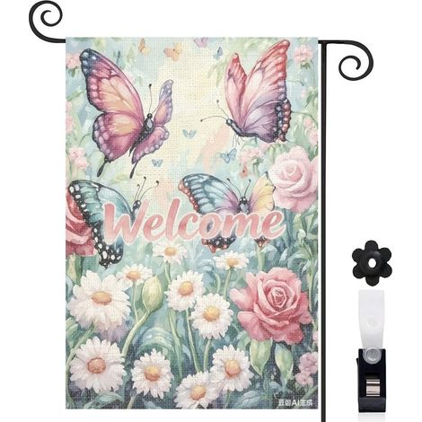 Drapeau de jardin papillons et fleurs multicolores 30 x 45 cm décoration maison de campagne (1/5)
