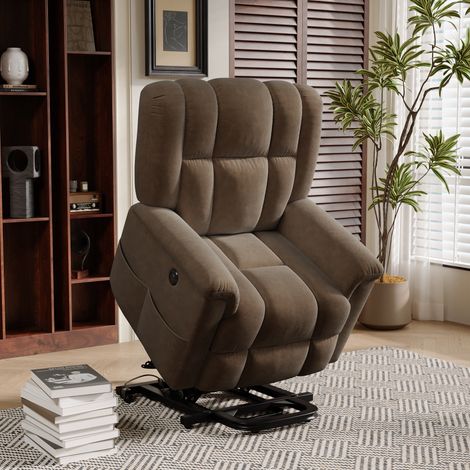 Poltrona relax Poltrona massaggiante, regolazione elettrica, Poltrona massaggiante con vibrazione e calore, 2 tasche laterali, Porta di ricarica USB/TIPO C, velluto - Marrone (1/5)