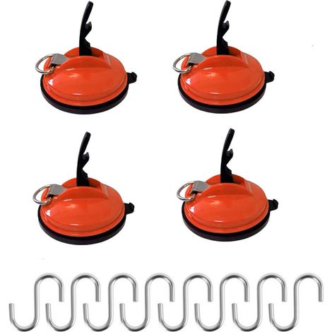 Juego de 4 ventosas grandes con 8 ganchos en forma de S, ventosas para objetos pesados, ganchos con ventosa adecuados para acampar bajo toldos, color naranja.