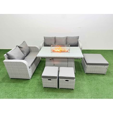Fimous 8 Seater PE Rattan Wicker Garden Furniture Patio Conservatory Sofa Set with Firepit Dining Table 3 Seater Sofa Love Sofa 3 Stool (1/4)