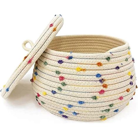 Petit panier en corde avec couvercle, petit panier de rangement rond tressé avec couvercle (1/5)