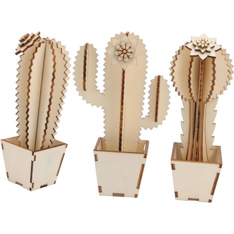 Lot de 3 Pièces Cactus en Bois Créatif à Décorer, Décorations Maison en Bois Khaki, Bricolage Fin Festival et Anniversaire (1/5)